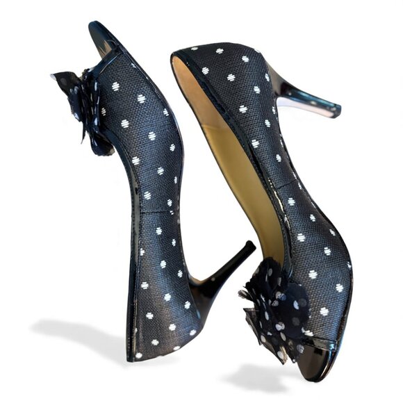 Kate Spade Molly peep-toe pump in black and white polka dots SZ 7.5 - Picture 3 of 7